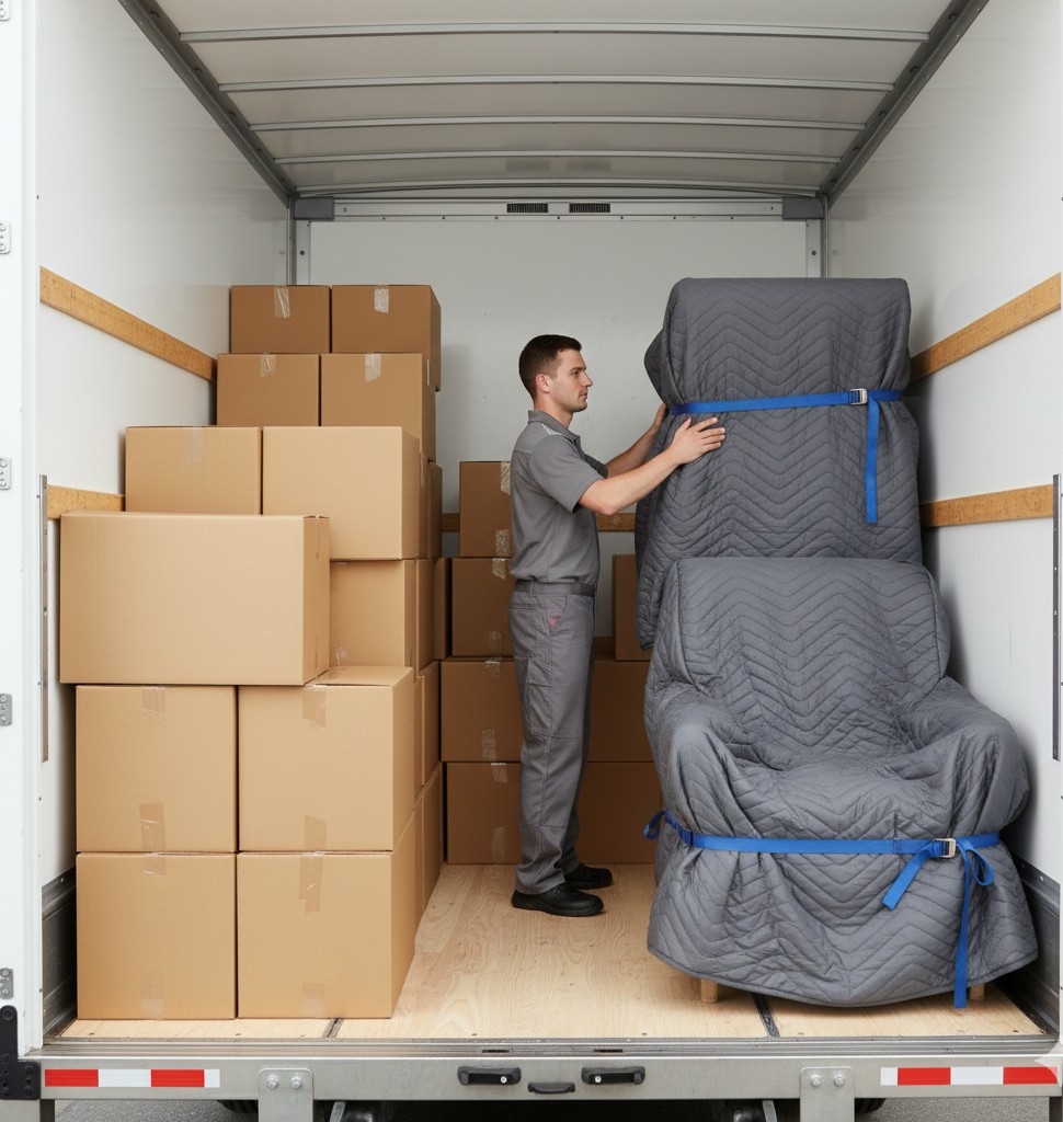Interieur de camion de demenagement avec mobilier protege a Antony