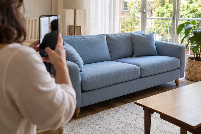 Canapé en lin bleu ciel filmé au téléphone pendant un appel vidéo