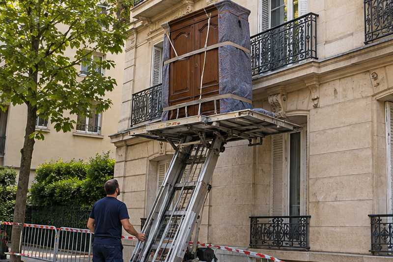 Armoire bourguignonne en chêne descendue par la plateforme du monte-meuble