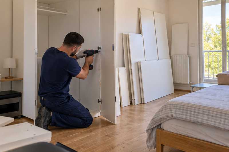 Équipier démontant une armoire en kit, panneaux posés à plat