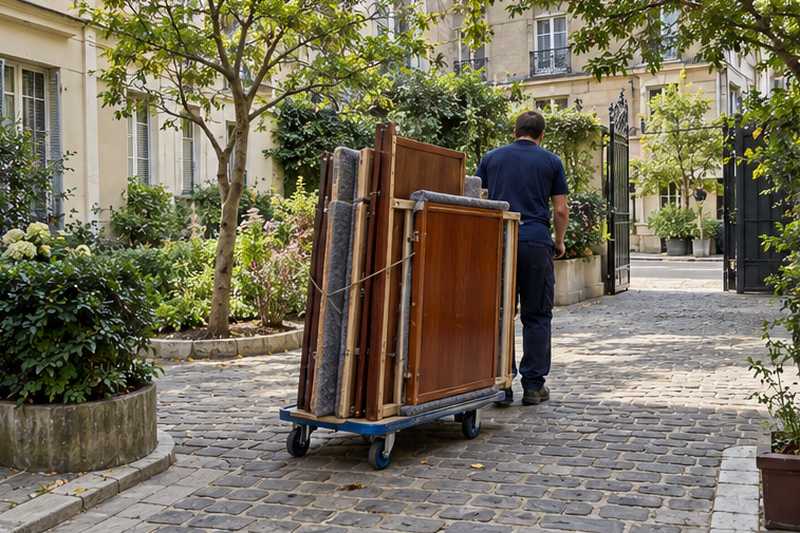 Armoire lingère en merisier démontée roulée vers le trottoir