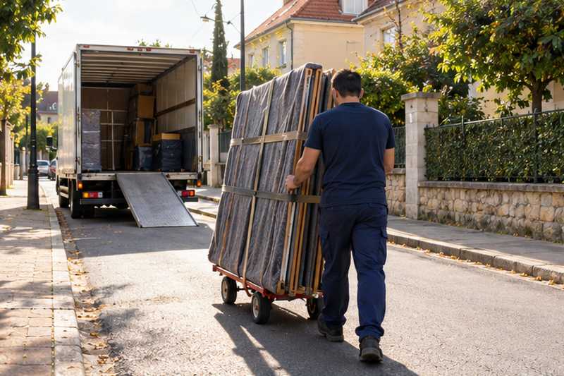 Armoire en orme à trois portes démontée et capitonnée sur chariot