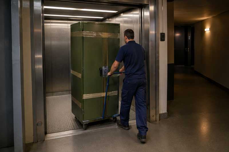 Armoire d'archives en tôle verte vidée, portes bloquées, au monte-charge