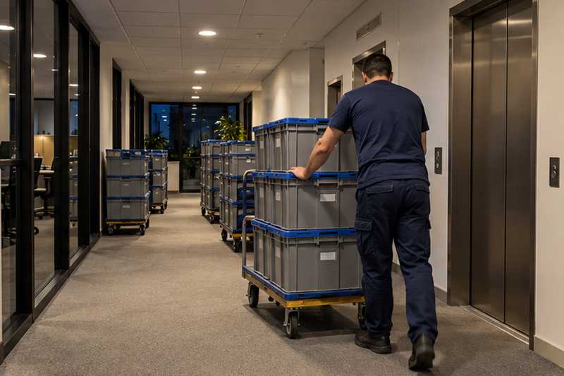 Bacs fermés des archives techniques descendus par lots en soirée