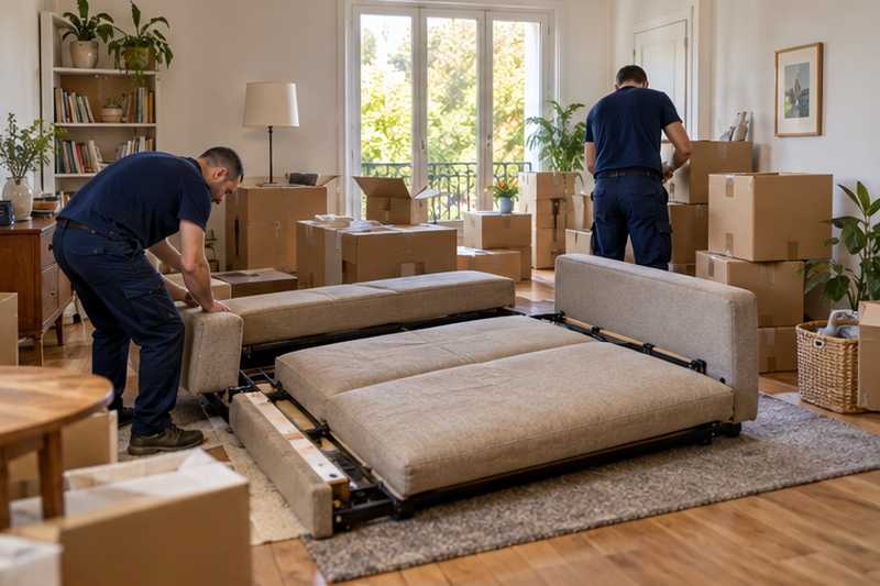 Banquette convertible en lin ficelle démontée au milieu des cartons