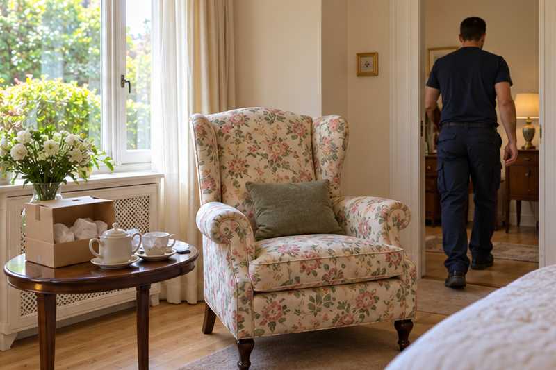 Bergère en tissu fleuri installée près de la fenêtre