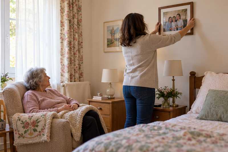 Fille accrochant un cadre près d'une mère assise sous un plaid