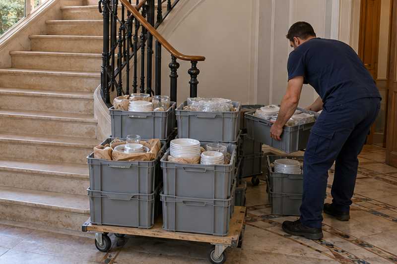 Caisses de vaisselle et de bocaux empilées bas sur un plateau roulant