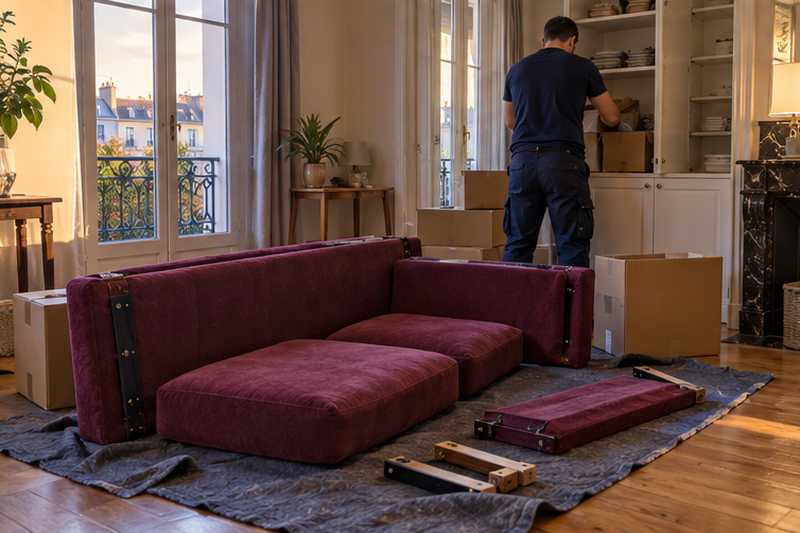 Canapé en tissu bordeaux sans pieds ni dossier, placards en cours de vidage