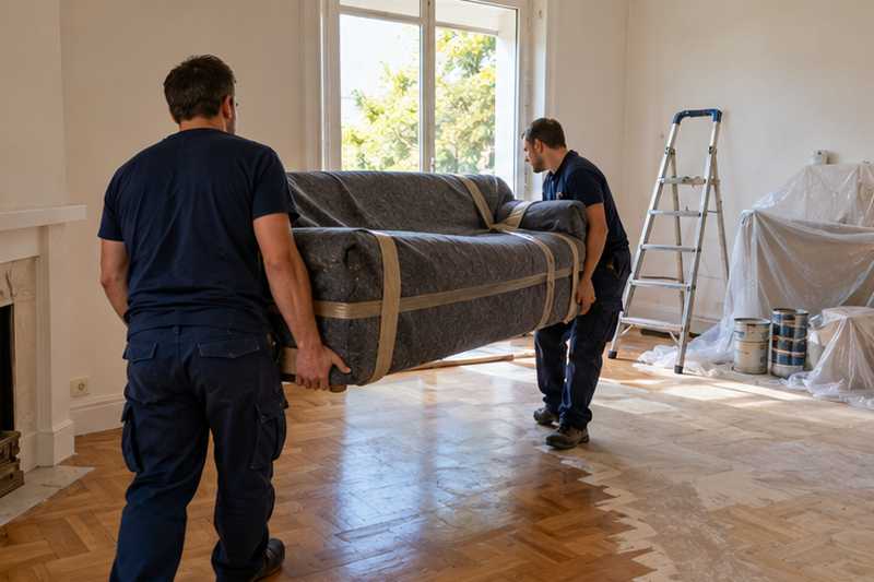Canapé emballé quittant un séjour en travaux