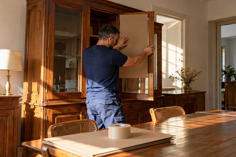 Carton découpé à la taille d'une porte vitrée de vaisselier