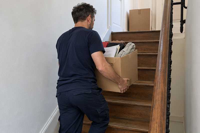 Cartons de polycopiés et de pulls portés un par un dans l'escalier
