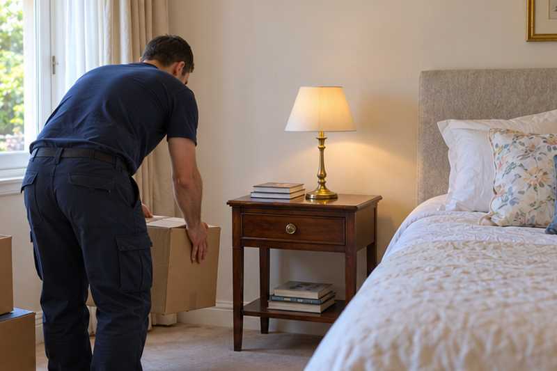 Table de chevet en noyer et lampe de lecture installées près du lit