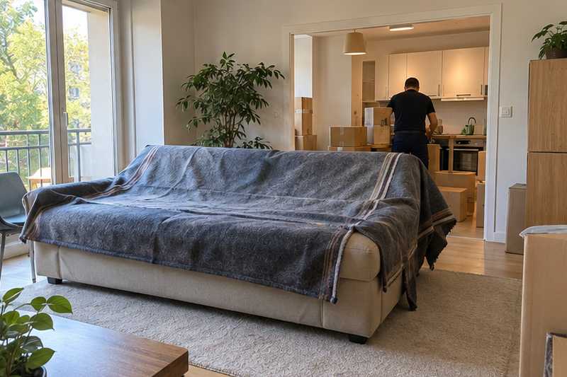 Clic-clac en tissu sable démonté sous couverture, cuisine en cartons