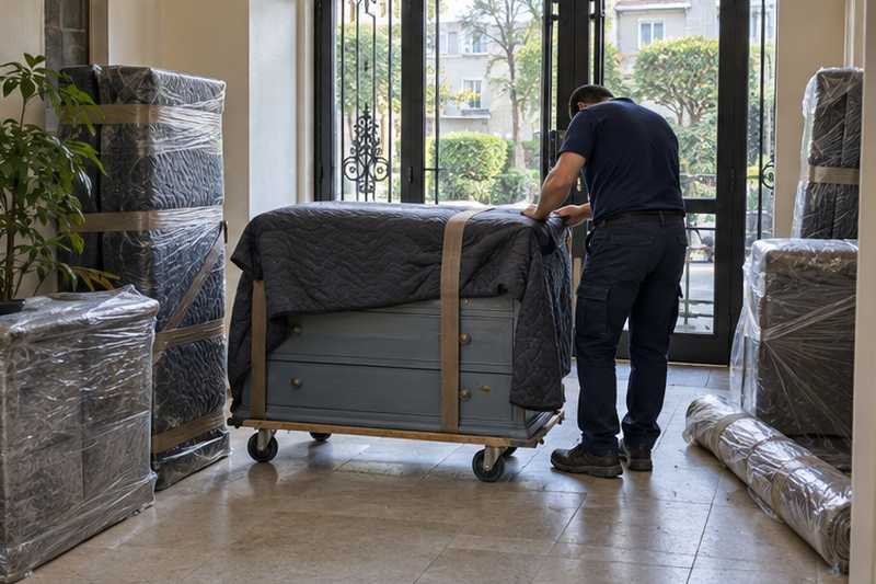 Commode peinte en bleu gris sous couverture, près de la sortie