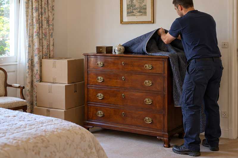 Commode en merisier à poignées laiton installée la première dans la chambre