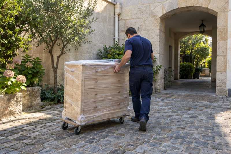Commode six tiroirs en pin cérusé roulant sur les pavés de la cour