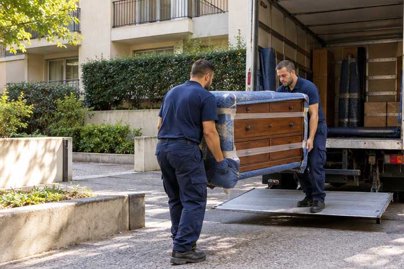 Commode en pitchpin sous couvertures portée vers le camion