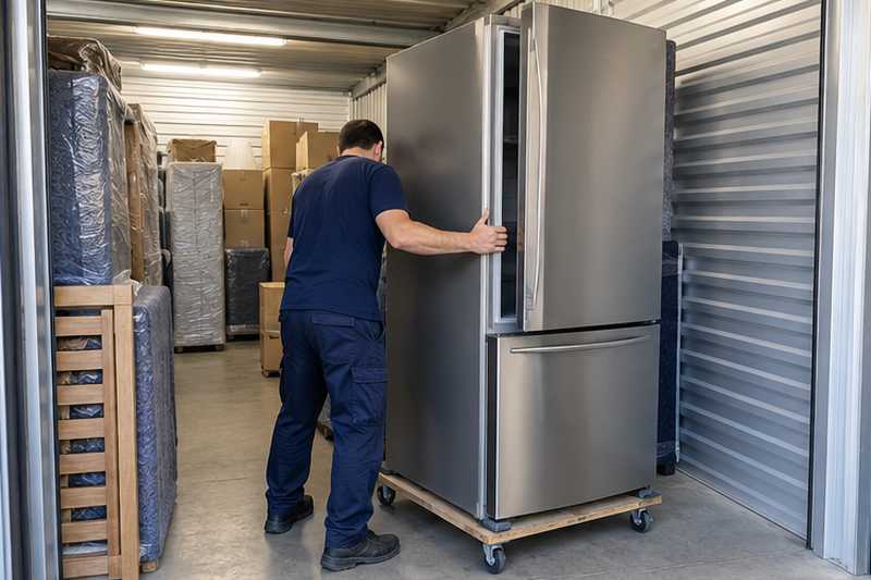 Frigo congélateur en inox brossé, porte entrouverte, sur palette roulante