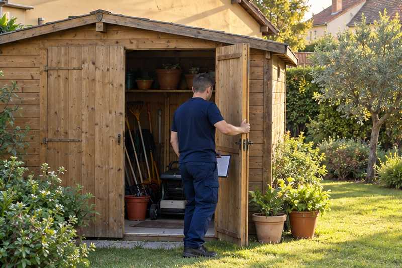 Conseiller ouvrant la porte d'un abri de jardin, carnet en main