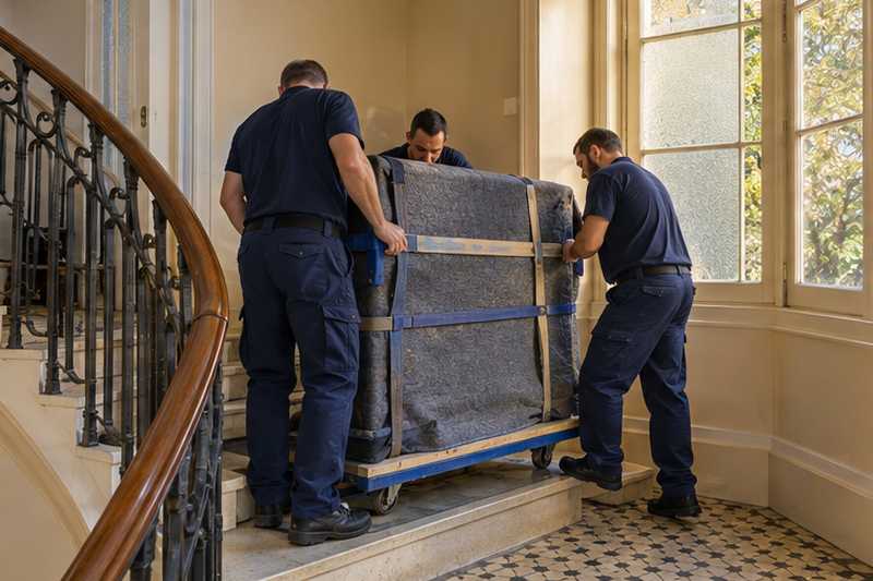 Piano console en chêne fumé sanglé sur luge, entouré de feutrine