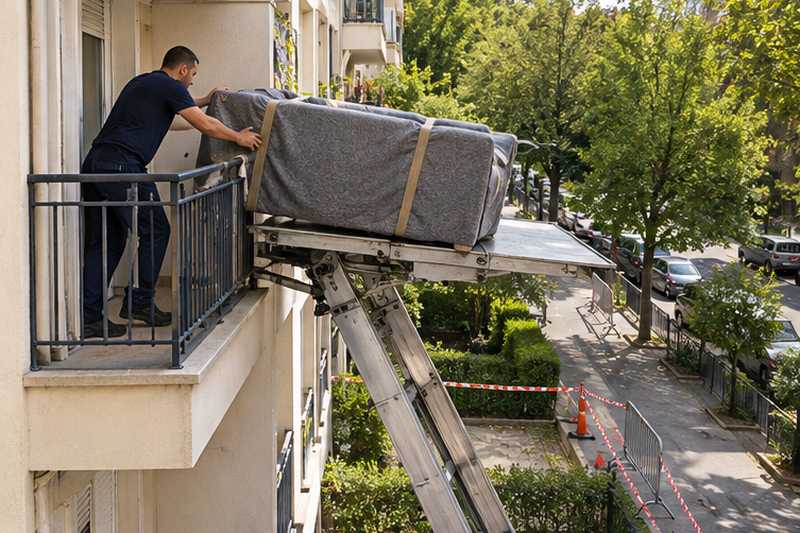 Canapé convertible en lin ardoise posé sur la plateforme au balcon