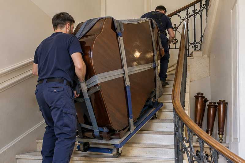 Piano demi-queue en noyer cendré basculé sur le flanc et attaché