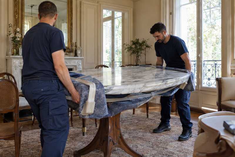 Dessus de table en marbre emballé soulevé par deux équipiers
