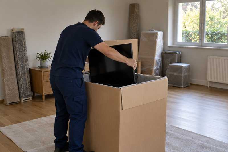 Téléviseur à écran plat glissé dans son carton de transport