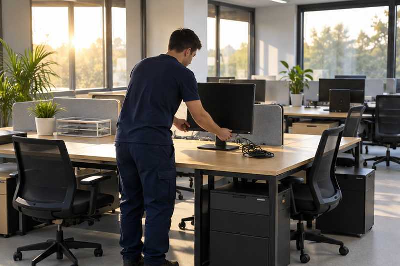 Écran posé sur un bureau remonté, câbles regroupés en faisceau