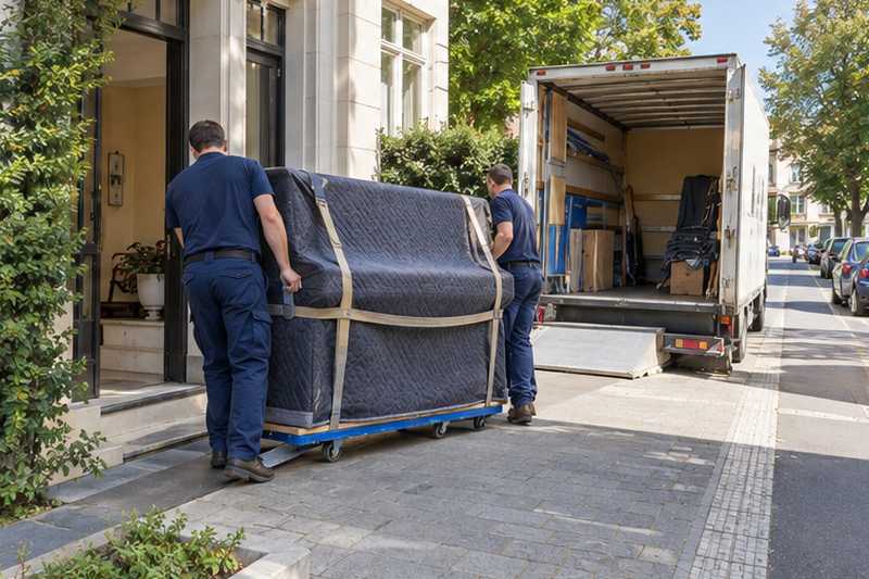Piano d'étude en palissandre clair sous housse, sorti vers le camion