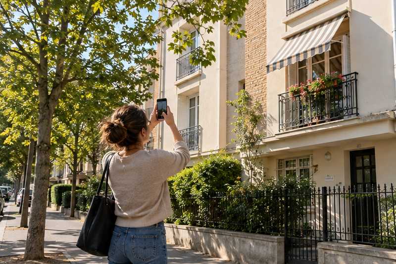 Cliente photographiant sa façade et son store depuis le trottoir