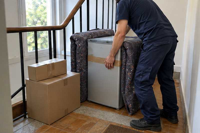 Frigo de chambre gris clair calé entre deux couvertures, porte scotchée