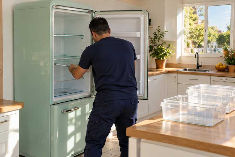 Réfrigérateur rétro vert amande remis en place dans sa nouvelle cuisine