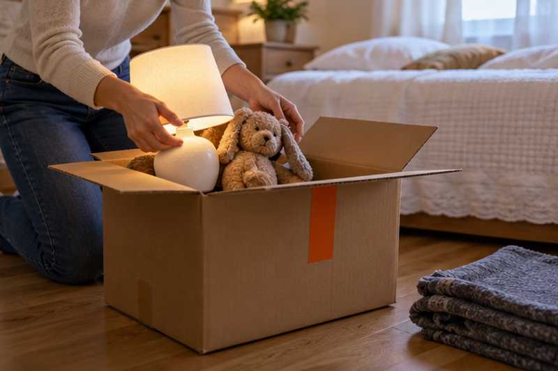 Lampe de chevet et peluche glissées dans un carton repéré