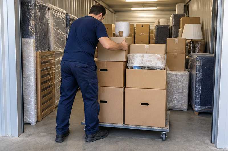 Cartons de linge et de bibelots étiquetés par zone sur palette roulante