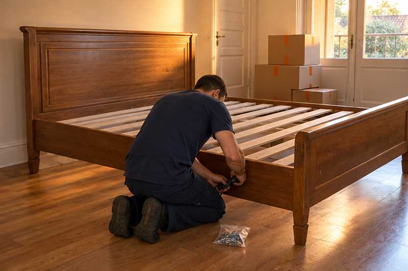 Lit double en châtaignier remonté dans la chambre avant les cartons