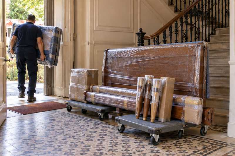 Éléments du lit en noyer à pieds fuselés regroupés au pied de l'escalier