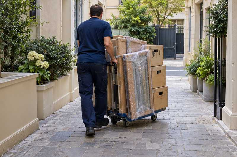 Caisses de livres anciens et de cadres sur chariot jusqu'à la chaussée