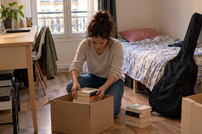 Étudiante rangeant des livres dans un petit carton, guitare à côté