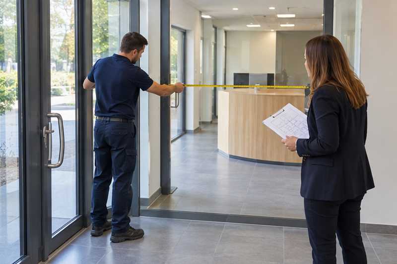 Conseiller mesurant la porte vitrée de bureaux encore vides