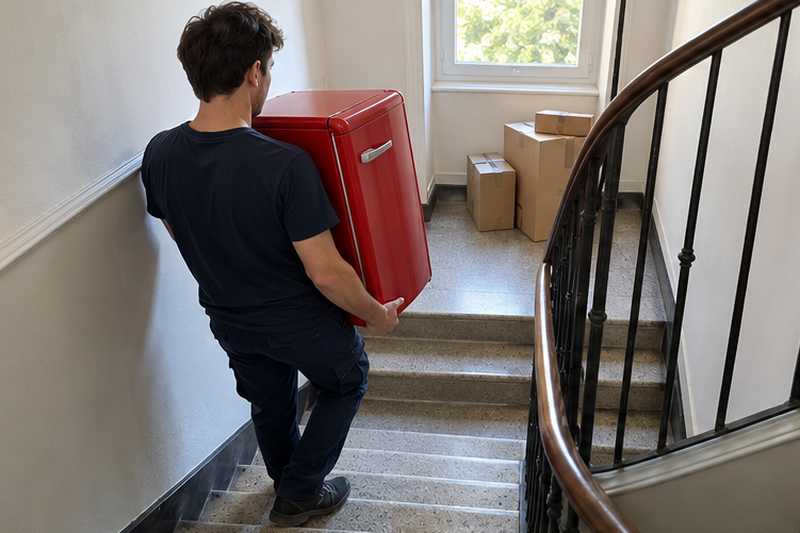 Mini-frigo rouge porté dans les bras, de profil dans l'escalier