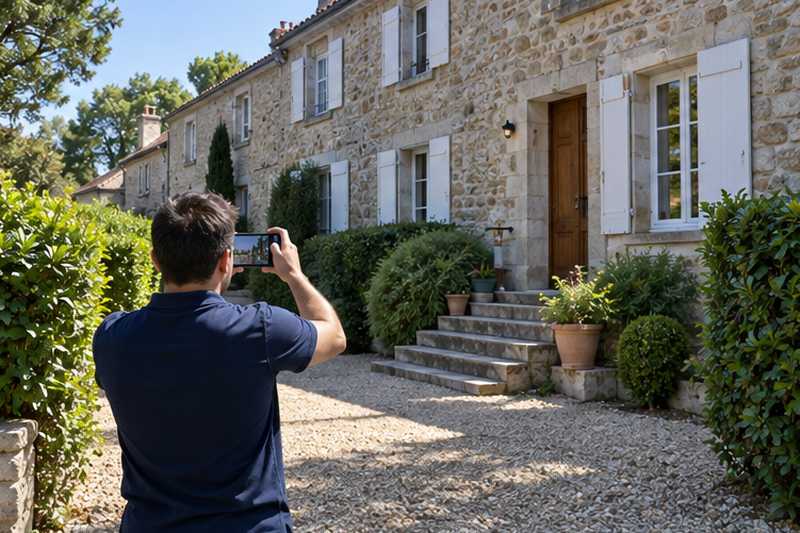 Homme photographiant le perron et l'allée de graviers d'une longère