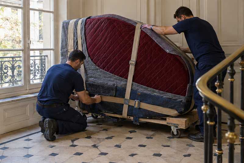Piano crapaud laqué bordeaux sous feutrine épaisse, sanglé sur la luge