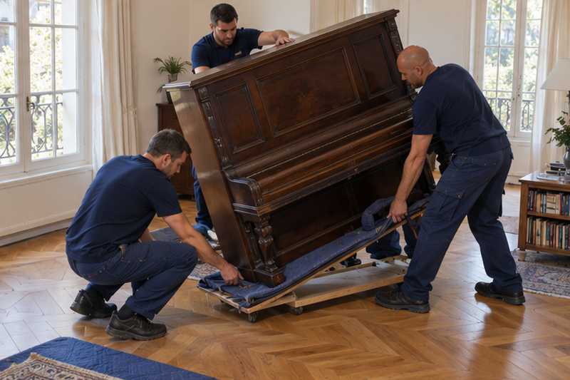 Piano droit légèrement incliné sur une planche de portage