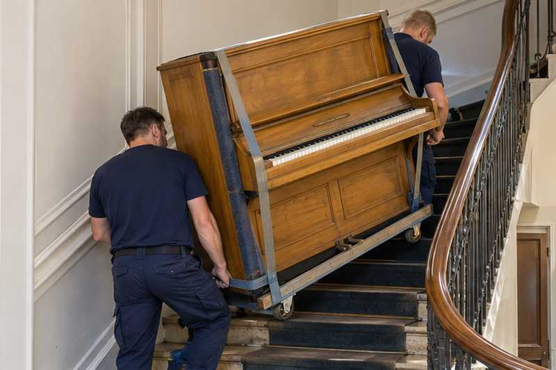 Piano droit en orme blond debout sur sa luge, sangles sous le clavier