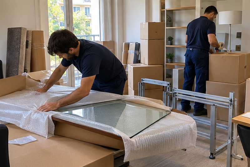 Plateau en verre du bureau protégé pendant la mise en cartons