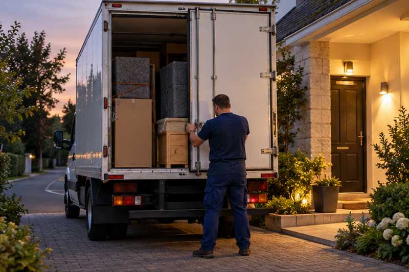 Équipier refermant les portes d'un camion chargé à la tombée du jour