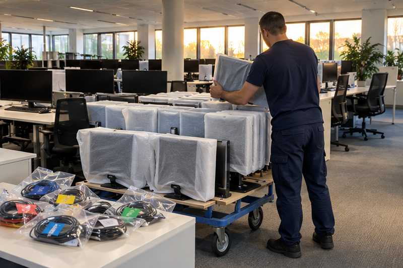 Écrans emballés et câbles étiquetés des postes du bureau d'études
