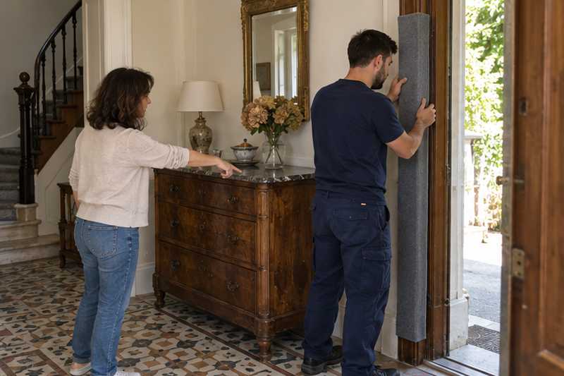 Équipier posant une protection sur le chambranle d'une porte d'entrée
